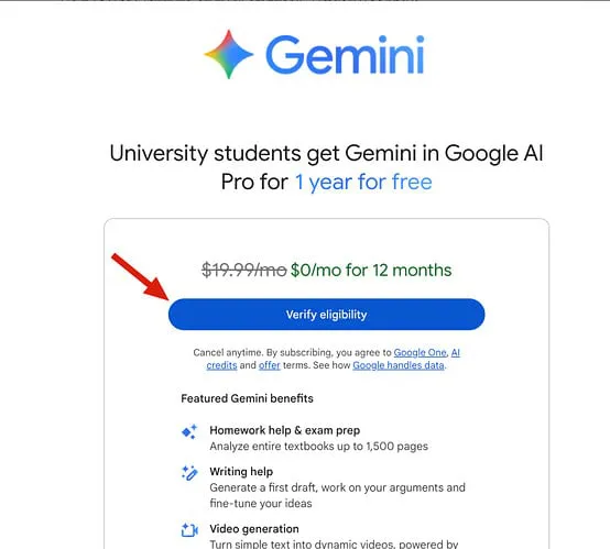 Gemini学生认证页面